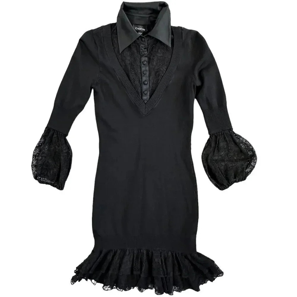 Bebe Y2K Mini Dress Size XS Bodycon Shirt‎ Dress Ruffle Skirt 90s Goth